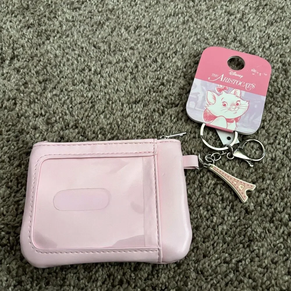 Disney Aristocats Marie Pink Zip Wallet Card Holder Eiffel Tower Keychain NWT